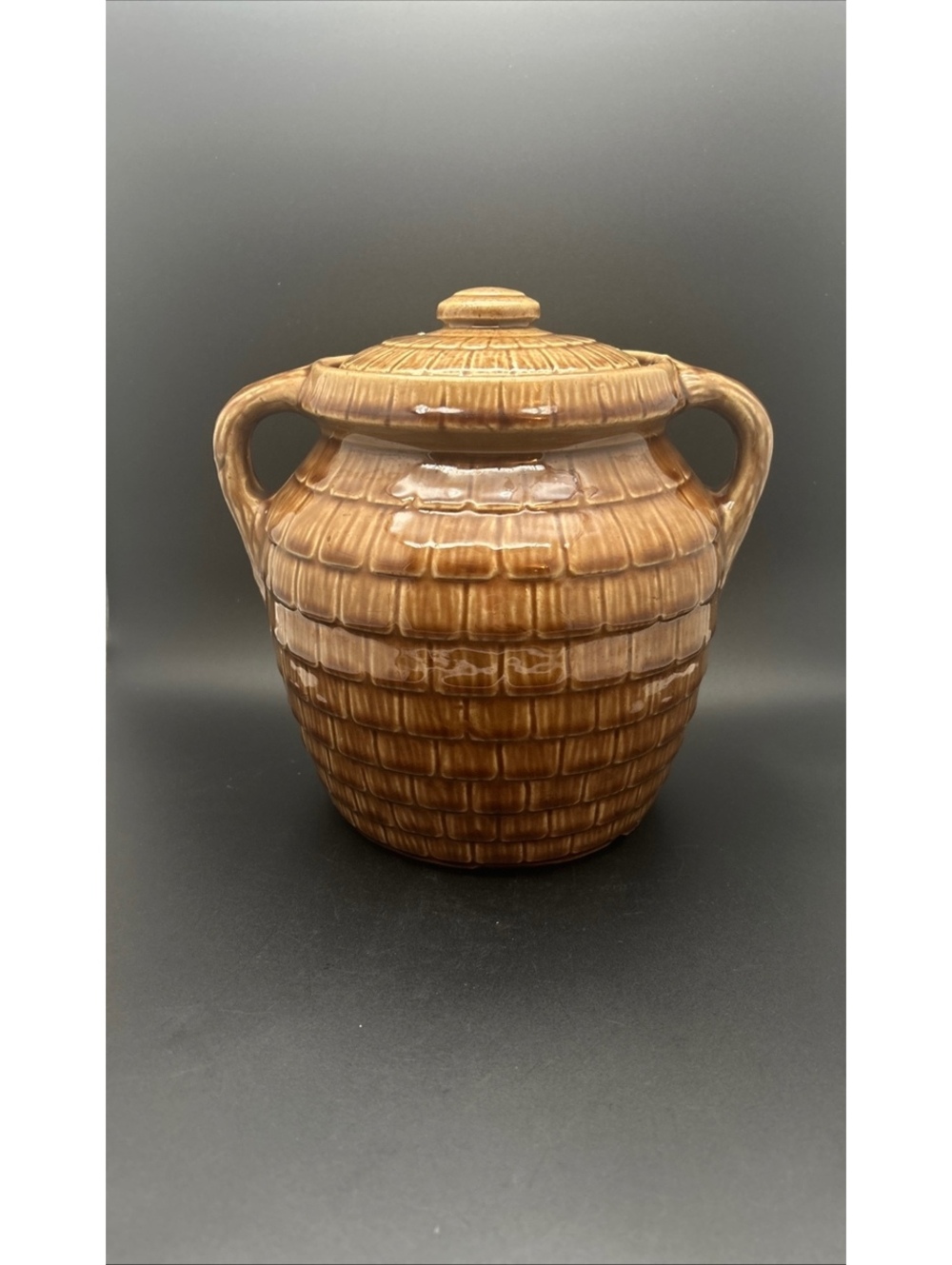 Vintage Pottery Basketweave Cookie Jar USA
